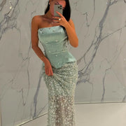 Bella Customize Green Beaded Mermaid robes de soirée Strapless Sleeveless Prom Dresses Floor-Length Pearls Wedding Dress 2025