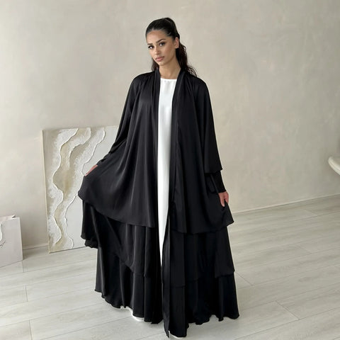 Eid Satin Abayas for Women Ruffles Cardigan Muslim Dress Dubai Turkey Kaftan Kimono Jalabiya Islam Prayer Ramadan Kebaya Robe