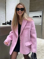 Fashion Lapel Woolen Plush Pink Coats Women Long Sleeves Single Breasted Loose Jackets Autumn Office Lady Pockest Overcoat