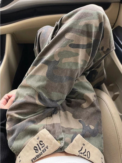 Woman American Spice Girls Camouflage Work Jeans Women Summer Flap High Street Design High Waist Straight Thin Wide Leg Trousers