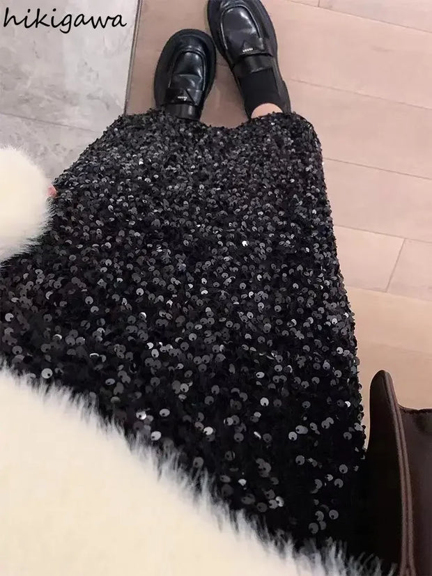 Temperament Jupe Fashion Velvet Black Skirts for Women 2023 Faldas Mujer De Moda High Waist Chic Saia Sequin Bodycon Split Skirt