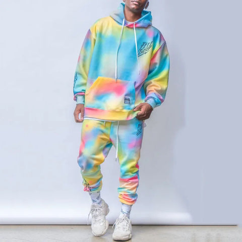 2023 Spring and Autumn Leisure Long Sleeve Loose Fit Large Fashion Sweater Pants Contrast Rainbow Hooded Sports Set