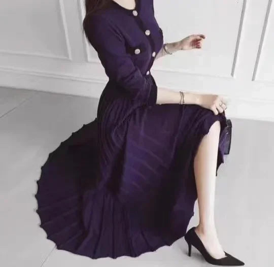 New Korean Knitted Dress Women O-neck Long Sleeve Single Breasted Autumn Winter Elegant Pleated A-line Dresses Slim Waist