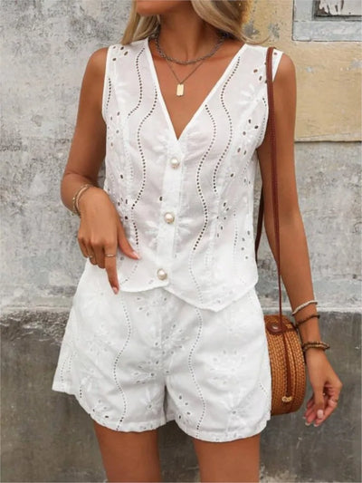 Women's Solid Color Vest Casual Shorts Buttons 2 Piece Sets Summer Fashion V-neck Sleeveless Shorts Suit Office Two Piece Set