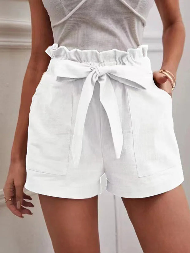 Stylish Solid Color White Shorts Women Pocket Drawstring Casual short Pants Summer Daily Pants