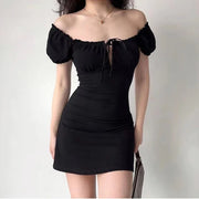 Summer Sexy Mini Dress Women Short Sleeved Lace up Hollow Casual Backless Folds Bodycon Black Dress Party Elegant A-LINE Dresses