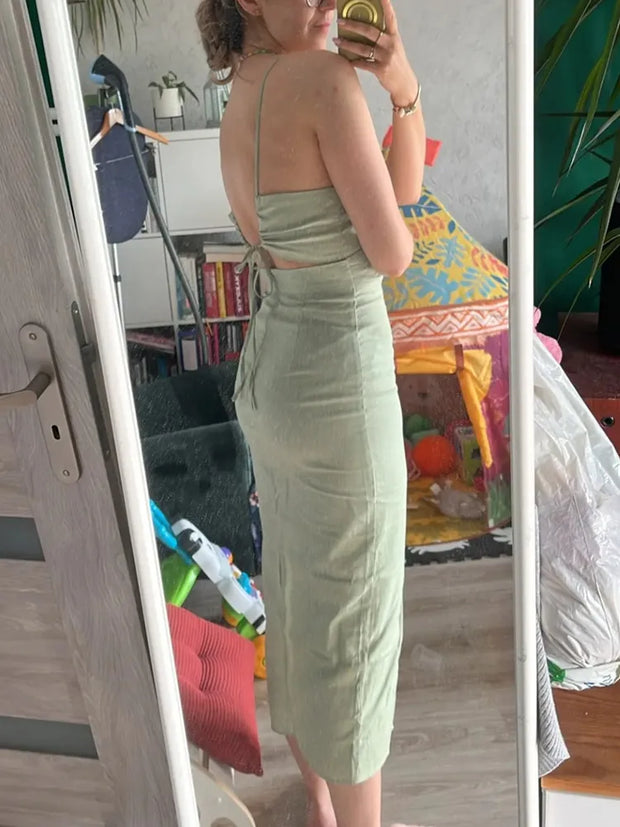 TRAF 2024 Green Slip Midi Dress Woman Sleeveless Backless Dress Women Summer Sexy Long Dresses Slit Evening Party Dresses