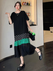 NYFS 2025 Summer New Korea Woman Dress Vestidos Robe Elbise Loose Plus Size Patchwork Dot Hem Short Sleeve Long Dresses