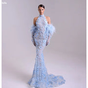 Bella Customize Blue Mermaid Feathers robes de soirée 3D Flowers Halter Neck Prom Dresses Gloves Floor-Length Wedding Dress 2025