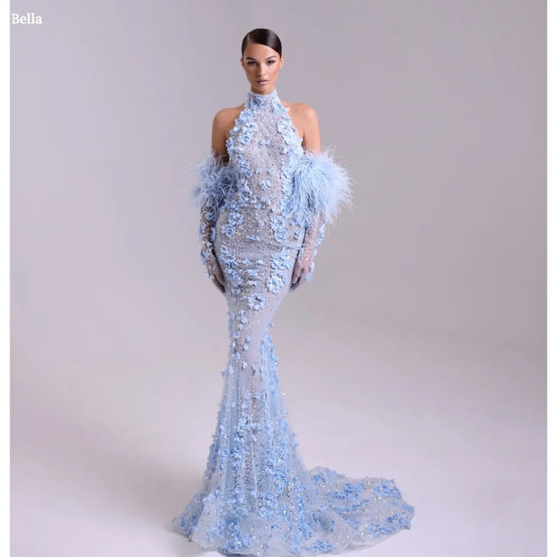 Bella Customize Blue Mermaid Feathers robes de soirée 3D Flowers Halter Neck Prom Dresses Gloves Floor-Length Wedding Dress 2025