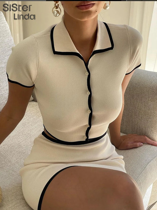 Sisterlinda Fashion Casual Ribbed Two Piece Sets Women Summer Full Sleeve Lapel Striped Button Tops+Hip Skirts Female Streetwear