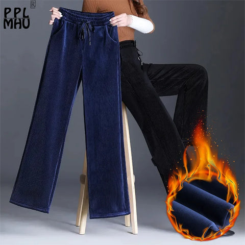 Winter Velvet Wide Leg Pants Women New Baggy Thicken Lace Up Straight Sweatpants Plush Liend Warm Pantalones High Wasit Spodnie