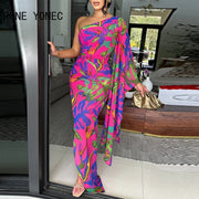 2024 Women Elegant Allover Print One Shoulder Ruffle Maxi Sexy Party Dresses