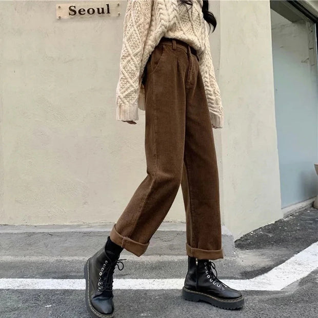 MEXZT Corduroy Wide Leg Pants Women Vintage High Waist Pockets Baggy Trousers Streetwear Korean All Match Black Straight Pants