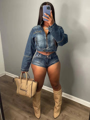 2024 New Arrival Fashion 2 Piece Outfits Zipper Long Sleeve Crop Jean Jacket and Denim Shorts Women Two Piece Denim Sets