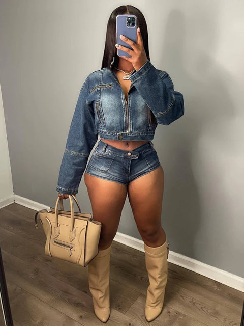 2024 New Arrival Fashion 2 Piece Outfits Zipper Long Sleeve Crop Jean Jacket and Denim Shorts Women Two Piece Denim Sets