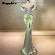 Angelika Attractive Mermaid Formal Evening Dresses for Women Off the Shoulder Rhinestones Ruched Satin V Neck Abendkleider