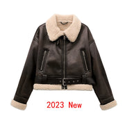 ZVRI 2023 New Woman's Fashion Thick Warm Faux Shearling Jacket Coat Vintage Long Sleeve Belt Hem Female Outerw