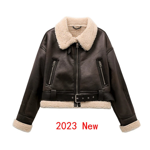 ZVRI 2023 New Woman's Fashion Thick Warm Faux Shearling Jacket Coat Vintage Long Sleeve Belt Hem Female Outerw