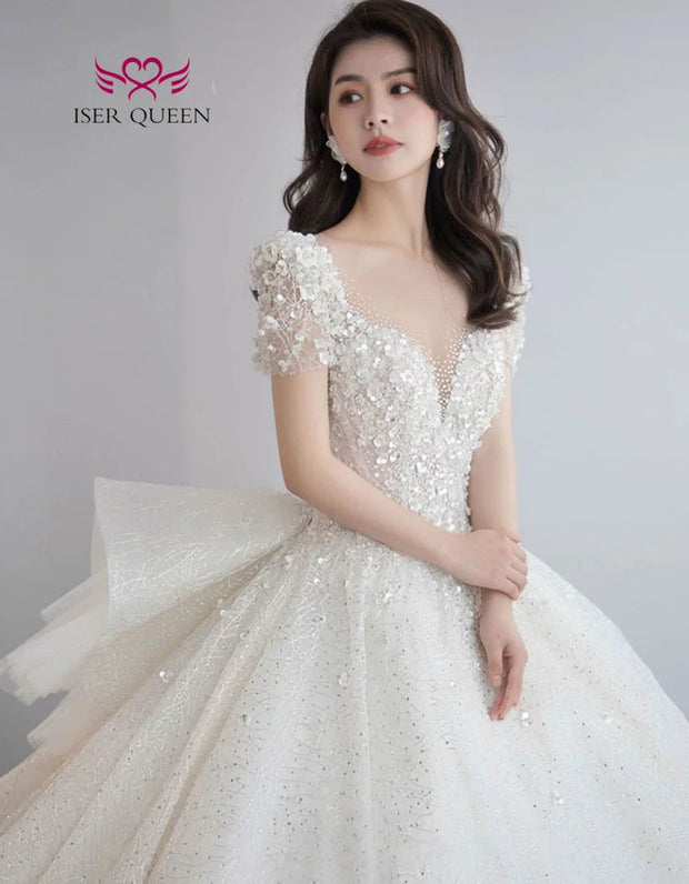 Customized 3D Floral Appliques Sweet Princess Bridal Dress 2024 For Woman Short Sleeves Sequin Tulle Wedding Dresses WX0361