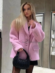 Fashion Lapel Woolen Plush Pink Coats Women Long Sleeves Single Breasted Loose Jackets Autumn Office Lady Pockest Overcoat