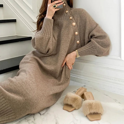 Autumn Winter Women's Elegant DressesTurtleneck Buttons Knitted Party Dresses Woman Lace-up Thicken Casual Women's Dresses