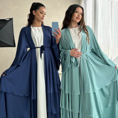 Eid Satin Abayas for Women Ruffles Cardigan Muslim Dress Dubai Turkey Kaftan Kimono Jalabiya Islam Prayer Ramadan Kebaya Robe