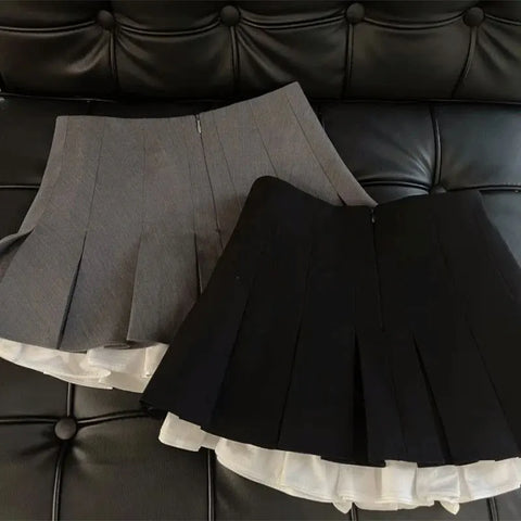 Mooyufon Ruffles Black Mini Skirt Women Korean Patchwork Pleated Skirts Japanese Kawaii High Waist All Match A Line Skirt New