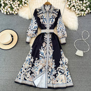 Vestidos Women Palace Retro Printing Dress Autumn And Winter Long Sleeve Elegant Single Breasted A-Line Shirts Dresses Robe