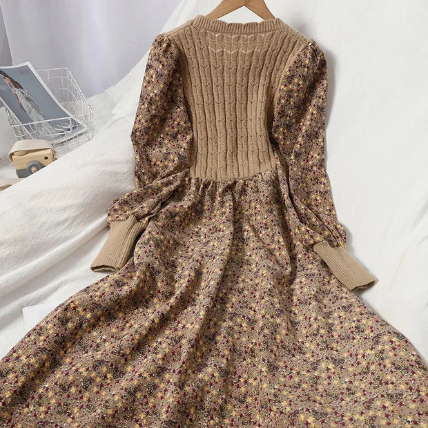 2025 Autumn Winter New Korean Patchwork Bandage Long Sleeved Knitted Dress Women's Fashion Slim Sweet Corduroy Flower Dresses