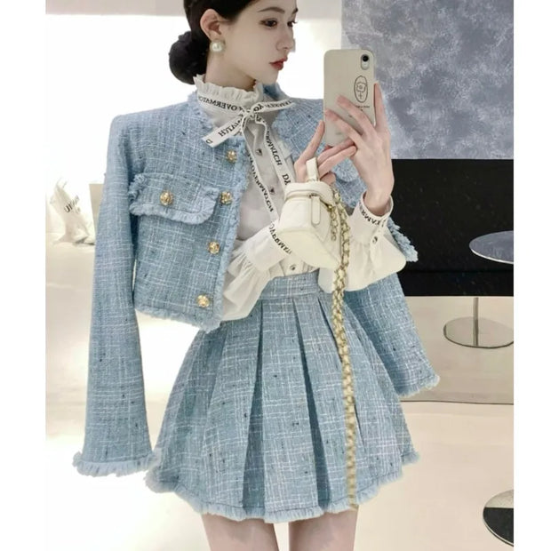 High Quality Tassel Design 2-Piece Sets Women Tweed Autumn New Solid Outfits Long Sleeve Short Jacket Coat + Pleated Skirt Suits