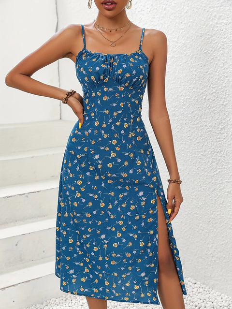 2024 Summer Sexy Spaghetti Straps Dress Women Fashion Polka Dot Print Sleeveless Slit Dress Boho Casual Beach Midi Dresses