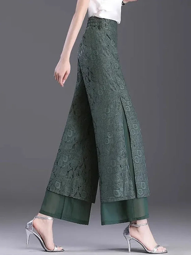 Split Jacquard Weave Wide Leg Pants Women Casual High Waist Baggy Straight Pantalones Spring Fall Loose Ankle Length Calca New