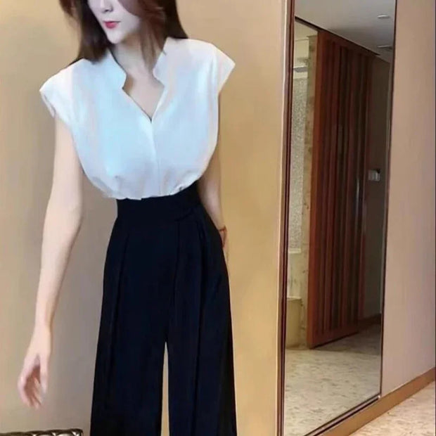 Casual Wide Leg Pants Women High Waist Loose Solid Pleated Fashion All-match Elegant Office Lady Slender Simple Korean Style