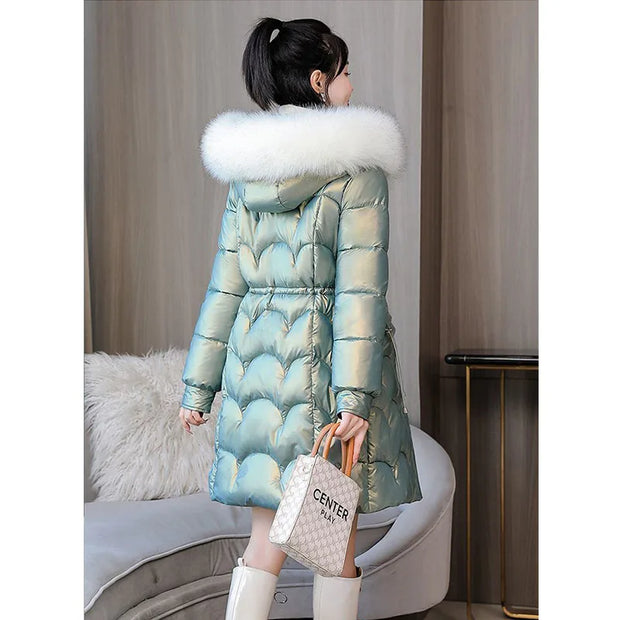 Korean Mermaid Women Midi Winter Parkas New Waterproof No Washing Required Slim Show Off Weight Fur Collar Drawstring Coats