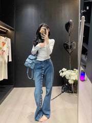 American Breasted Design Vintage Blue Wash Jeans Woman Y2K Streetwear Hip-hop Loose Casual Harajuku High Waist Straight Jeans