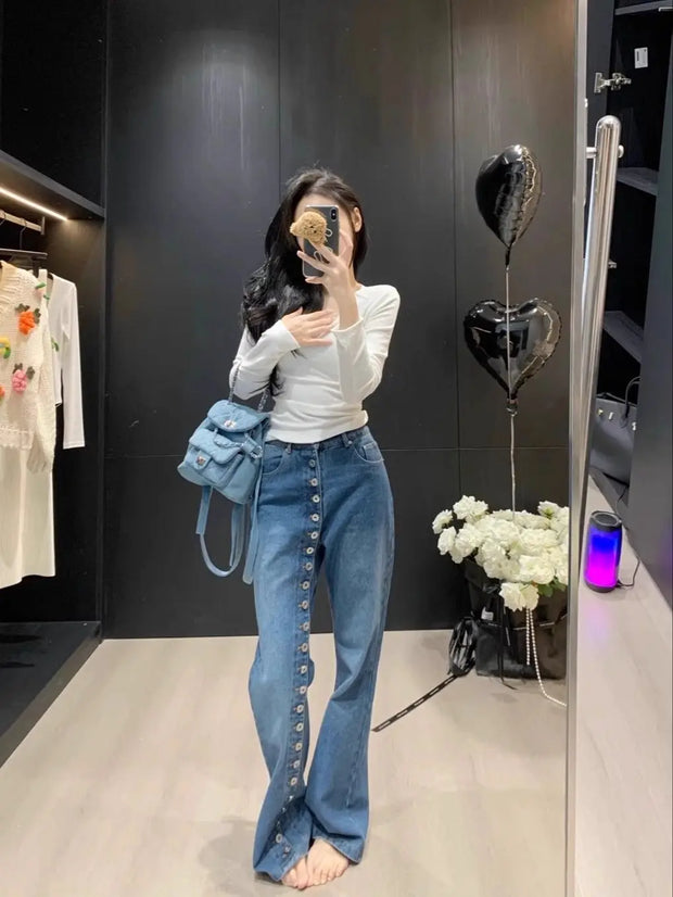 American Breasted Design Vintage Blue Wash Jeans Woman Y2K Streetwear Hip-hop Loose Casual Harajuku High Waist Straight Jeans