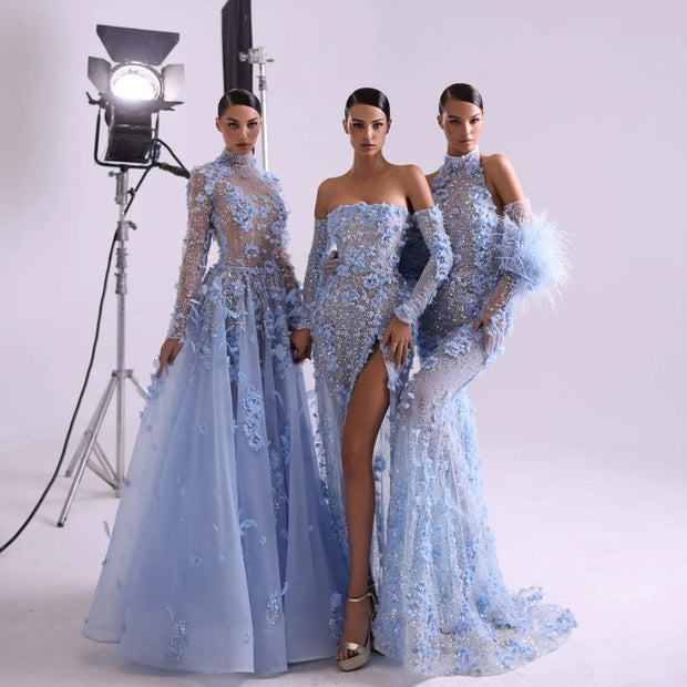 Bella Customize Blue Mermaid Feathers robes de soirée 3D Flowers Halter Neck Prom Dresses Gloves Floor-Length Wedding Dress 2025