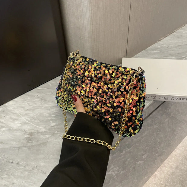 Sequins Crossbody Chain Bag Simple INS Solid Color Sequins Shoulder Bag Underarm Bag Phone Purse Evening Clutch Bags Handbag