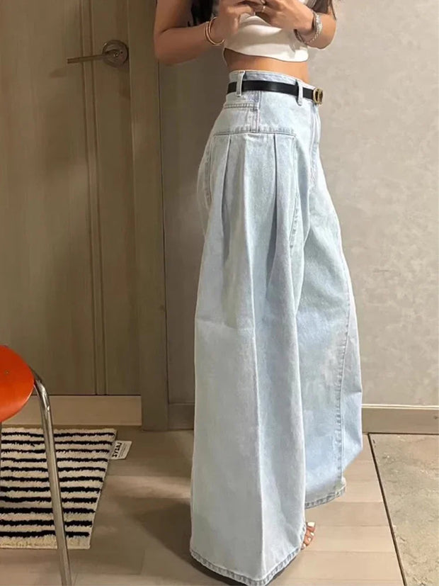 Spring Fashion Wash Wide Leg Jeans Women Korean Vintage Fold Loose Pants New Female Design High Waist Slimming Straight Trouser