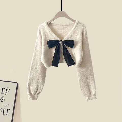 Women's Spring Autumn New Knitted Sweaters Two Piece 2025 Korean Elegant Bow Cardigan Strap Skirt Matching Set Female Clothing