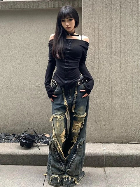 Y2K High Street Ripped Tassel Washed Baggy Jeans Woman Retro Street Hip-hop Loose Old Fashion Casual High Waist Wide Leg Jeans