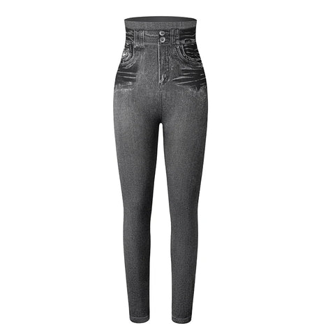 High Waist Faux Denim Print Leggings Women Sexy Skinny Pencil Pants Tummy Control Seamless Shapewear Trousers No Pocket