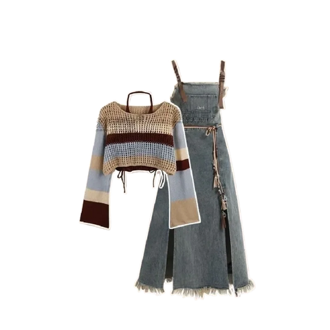 2025 Spring New Vintage Denim Skirt Matching Set Women's Elegant Loose Hollow Knitted Shirt+Sexy Split Dress Two Piece Suit