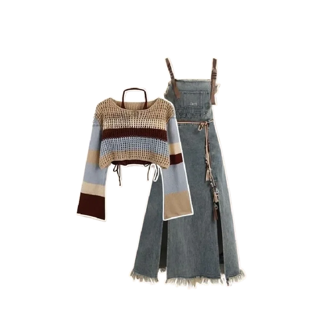 2025 Spring New Vintage Denim Skirt Matching Set Women's Elegant Loose Hollow Knitted Shirt+Sexy Split Dress Two Piece Suit