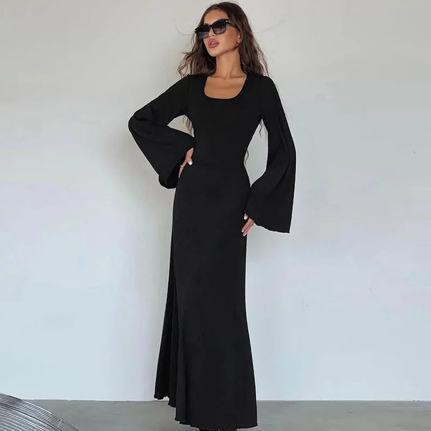 Elegant Knitted Maxi Dress For Women Fashion Solid Lace Up Long Sleeve Slim Dresses New Lady Commuting Robe Party Vestidos 2024