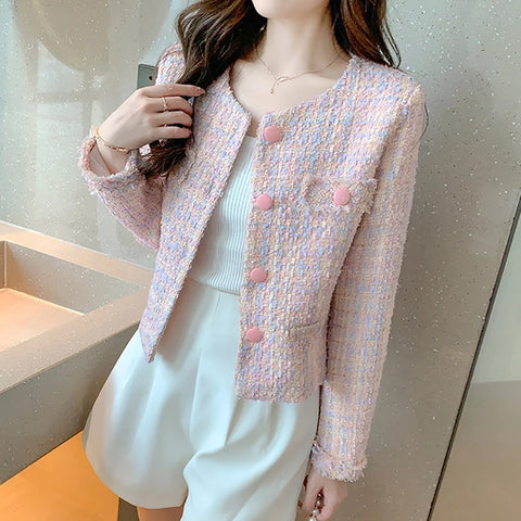 Women Pink Tweed Jacket Elegant Buttons Up Cardigan Coat Female Long Sleeve Tassel Office Outerwear Autumn Winter Chic Overcoat