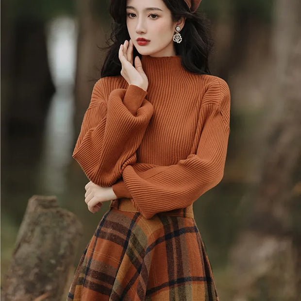 Women's Spring Autumn Vintage Plaid Long Skirts Sweater Two-Piece Set French Lady Graceful Knit Pullover High Waist Skirt Outfit