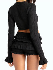 2 Piece Set Women Spring Fall Shorts Outfits Flare Long Sleeve Knit Crop Sweater Top + Frill Ruffle Shorts Y2K Aesthetic Clothes