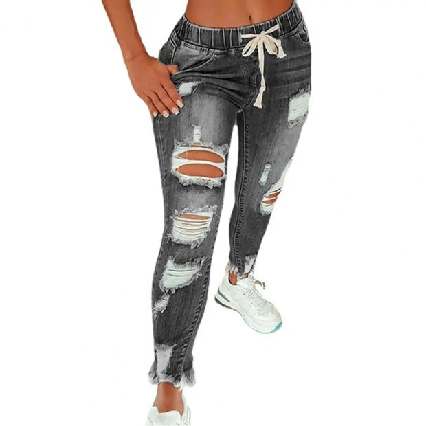 Popular Pencil Jeans Streetwear Women Jeans Slim Slim-fitting All Match Denim Pants  Elastic Waist